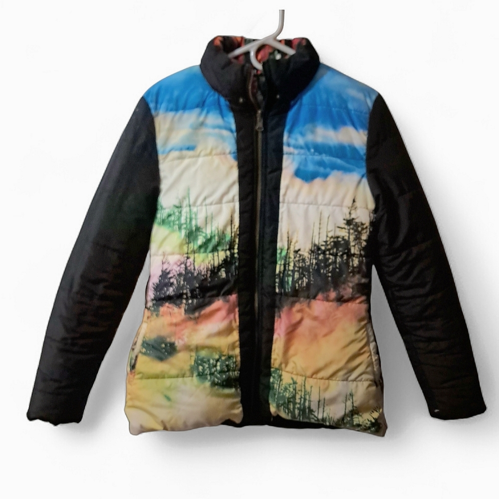 Desigual Reversible Women's Multicolor Abstract Art Puffer Jacket